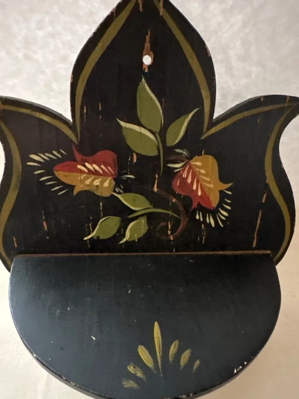 Vintage Black Wooden Wall Shelf Floral Design Finish Charming Folk Art Rustic